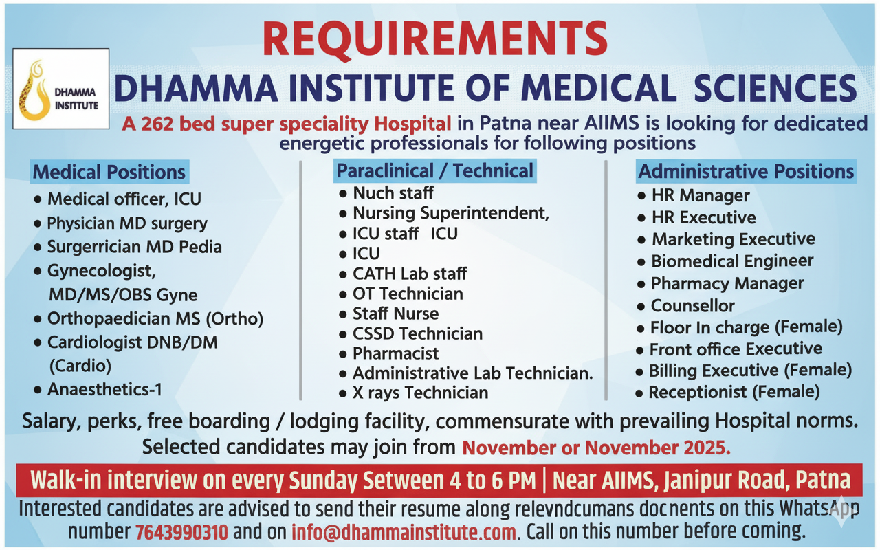 Dhamma Institute of Medical Sciences Recruitment 2025